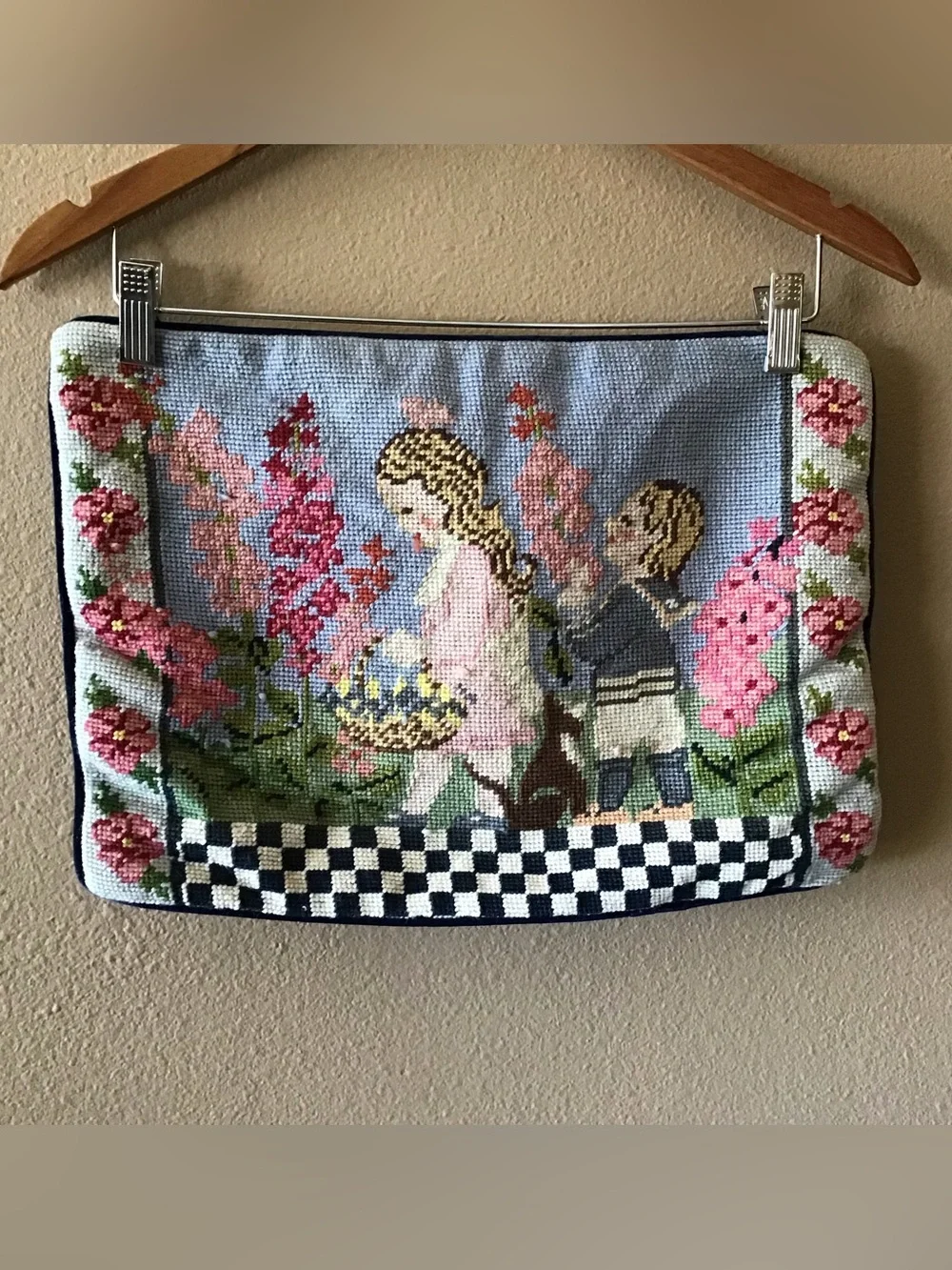 Needlepoint Accent Pillowcase Summer Garden Children Scene